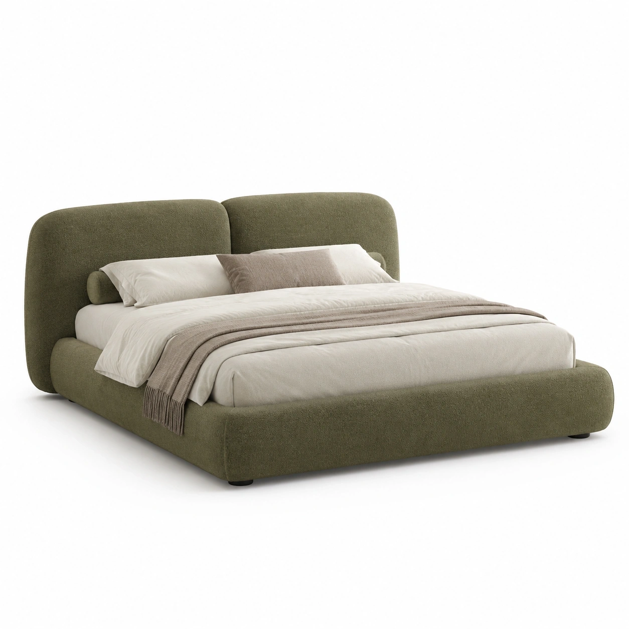 Weiches Bouclu-Polsterbett-Dunkeloliv-LuxeSelvia